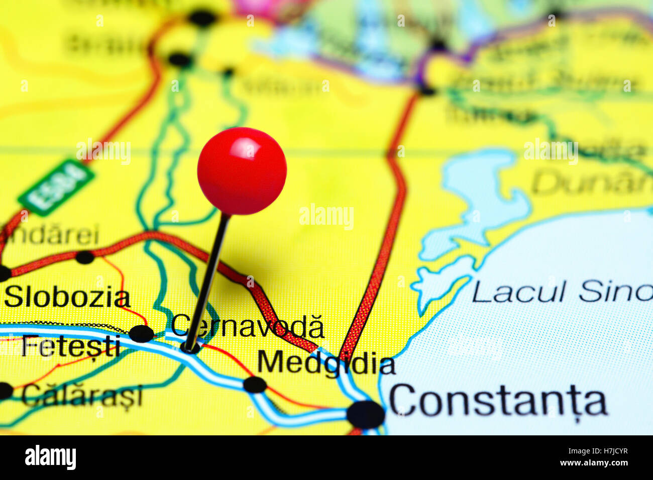 Cernavoda pinned on a map of Romania Stock Photo