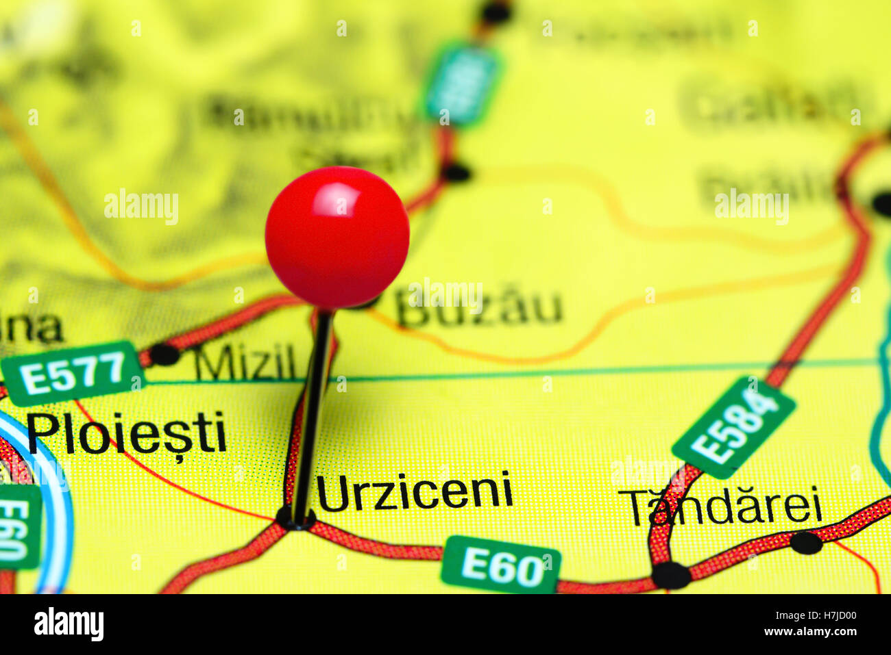 Urziceni pinned on a map of Romania Stock Photo