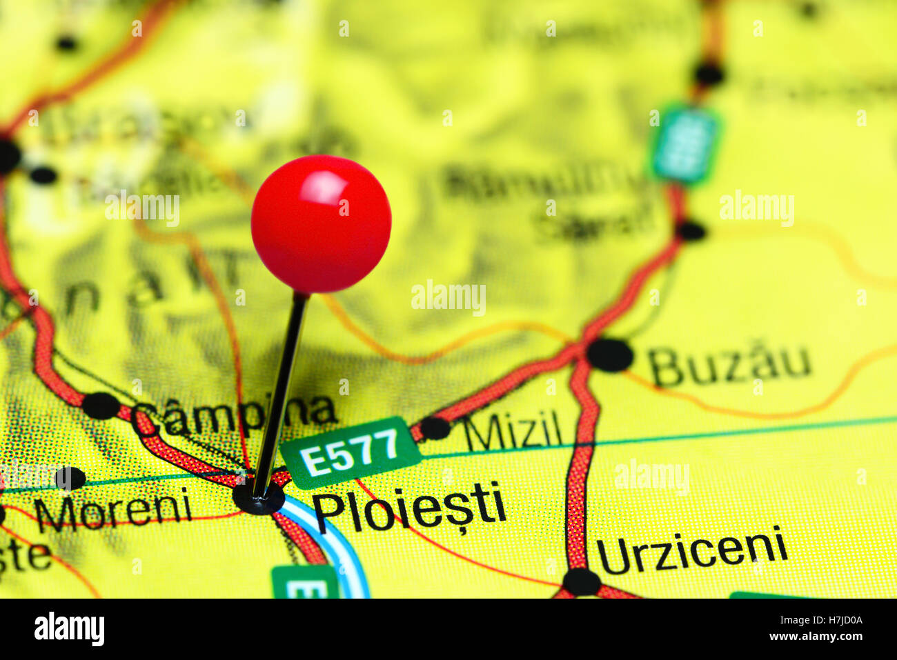 Ploiesti pinned on a map of Romania Stock Photo