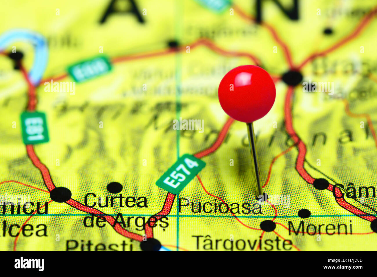 Pucioasa pinned on a map of Romania Stock Photo