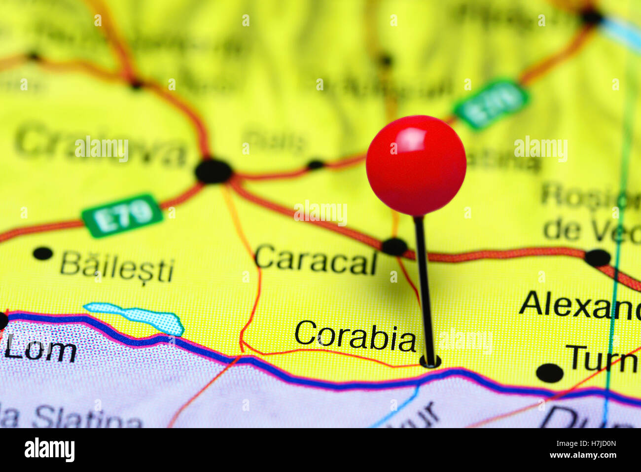 Corabia pinned on a map of Romania Stock Photo