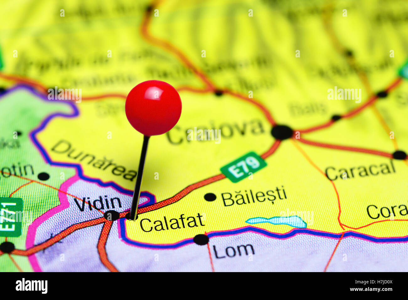 Calafat pinned on a map of Romania Stock Photo