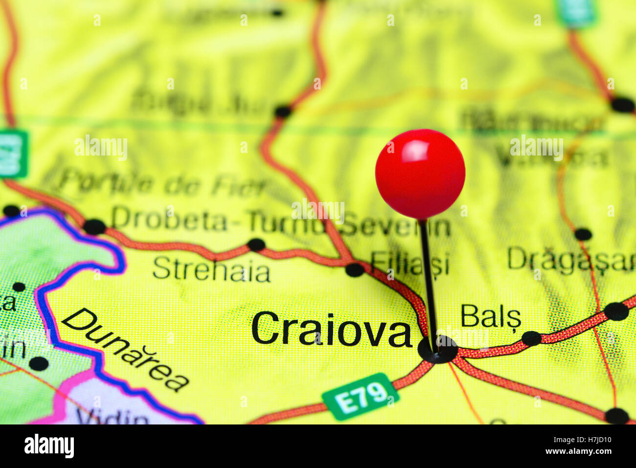 Craiova pinned on a map of Romania Stock Photo