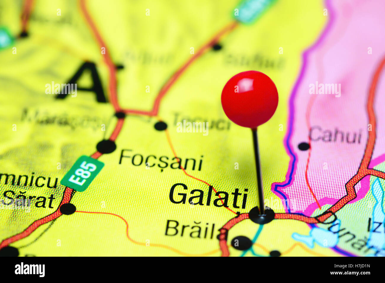 Galati pinned on a map of Romania Stock Photo