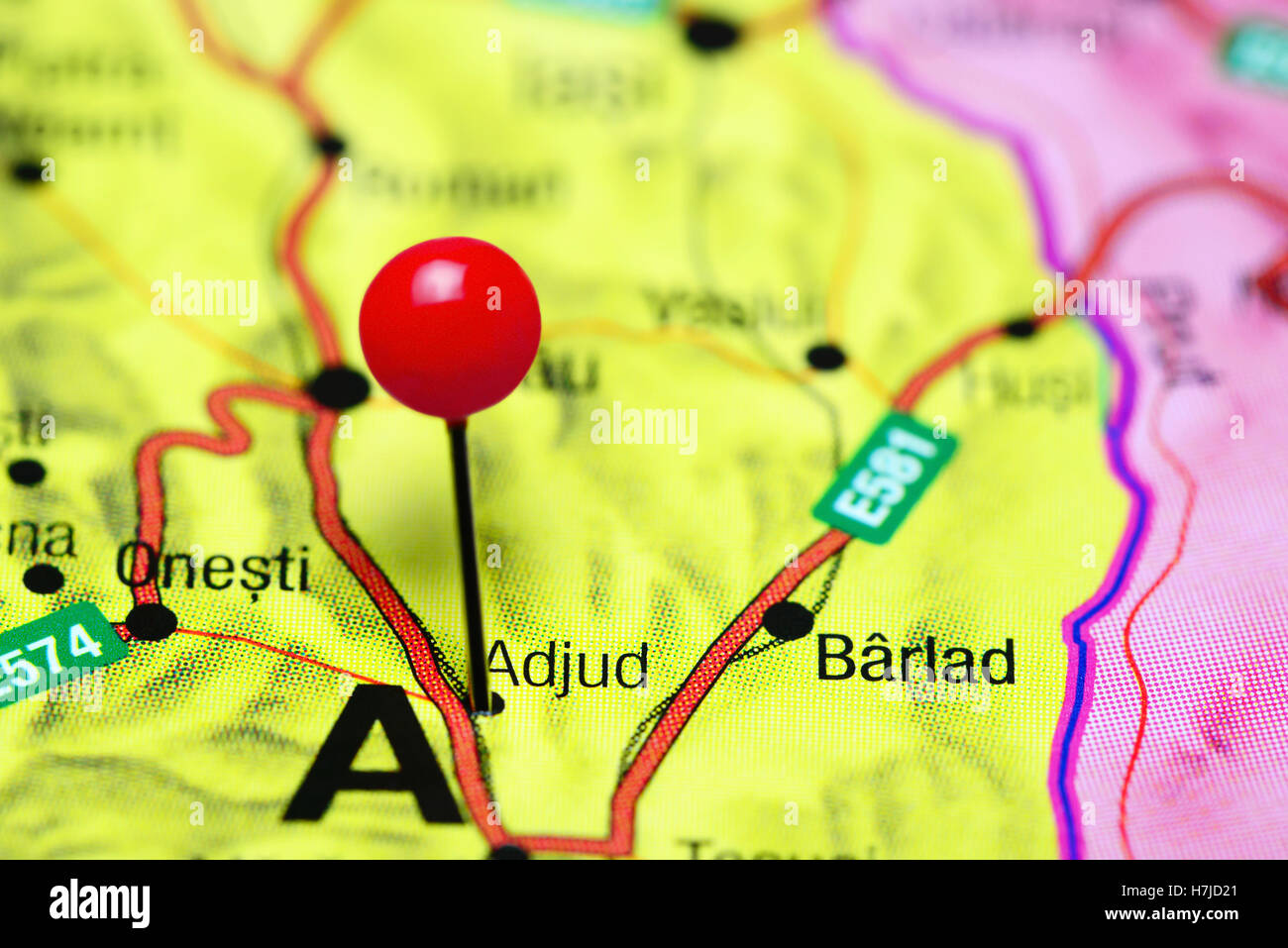 Adjud pinned on a map of Romania Stock Photo