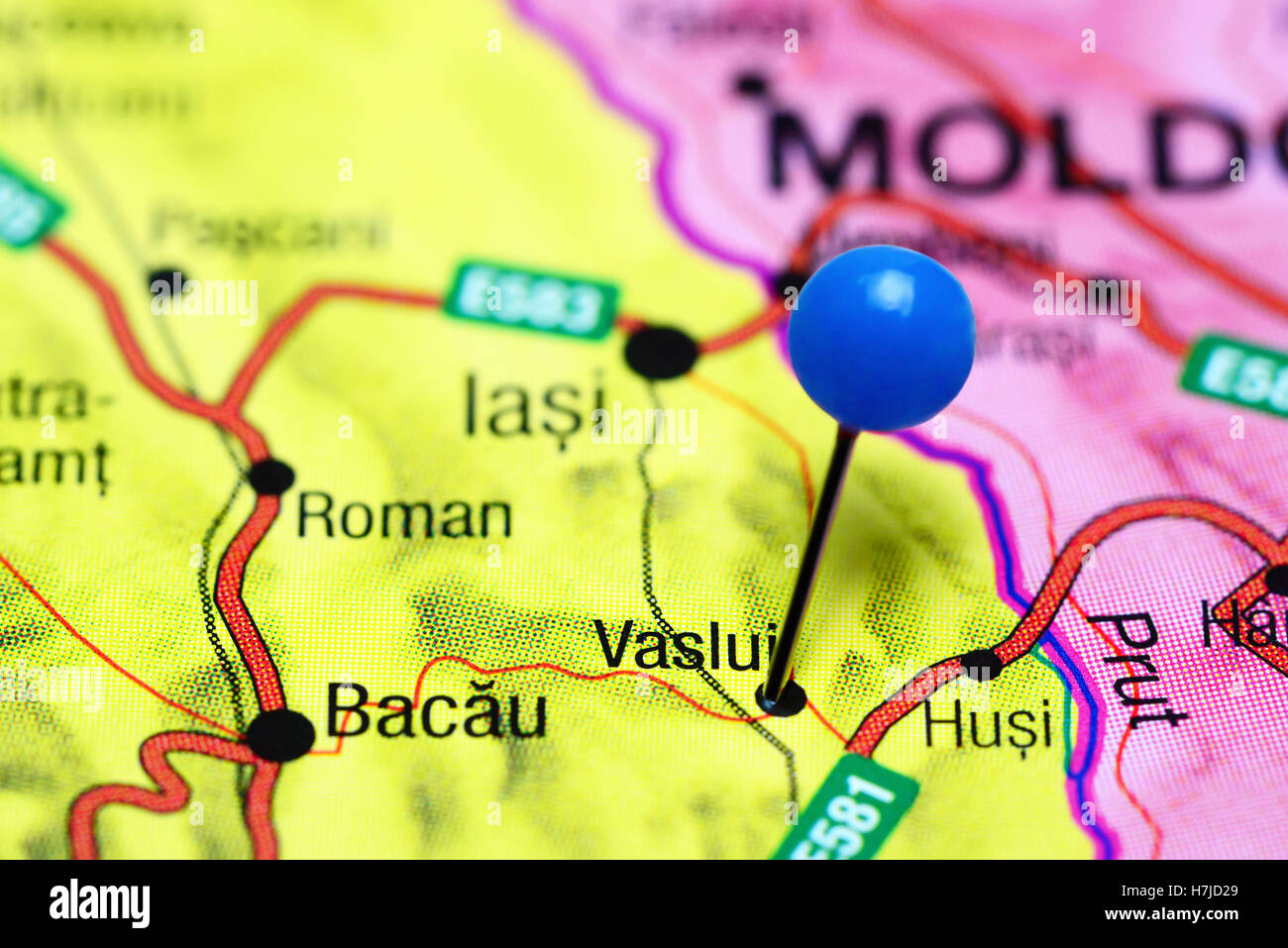 Vaslui pinned on a map of Romania Stock Photo