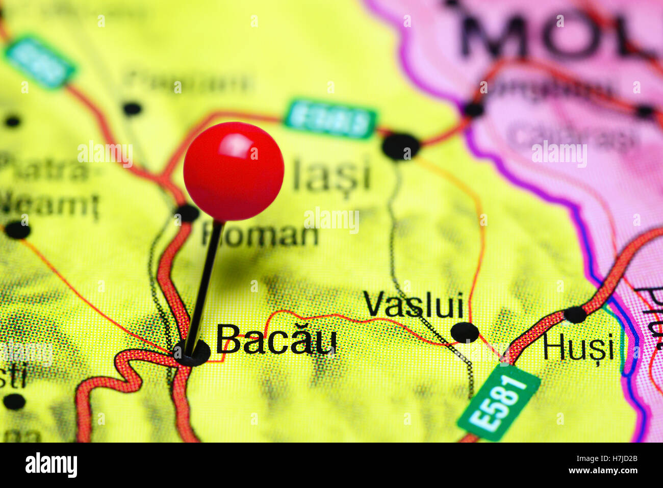 Bacau pinned on a map of Romania Stock Photo