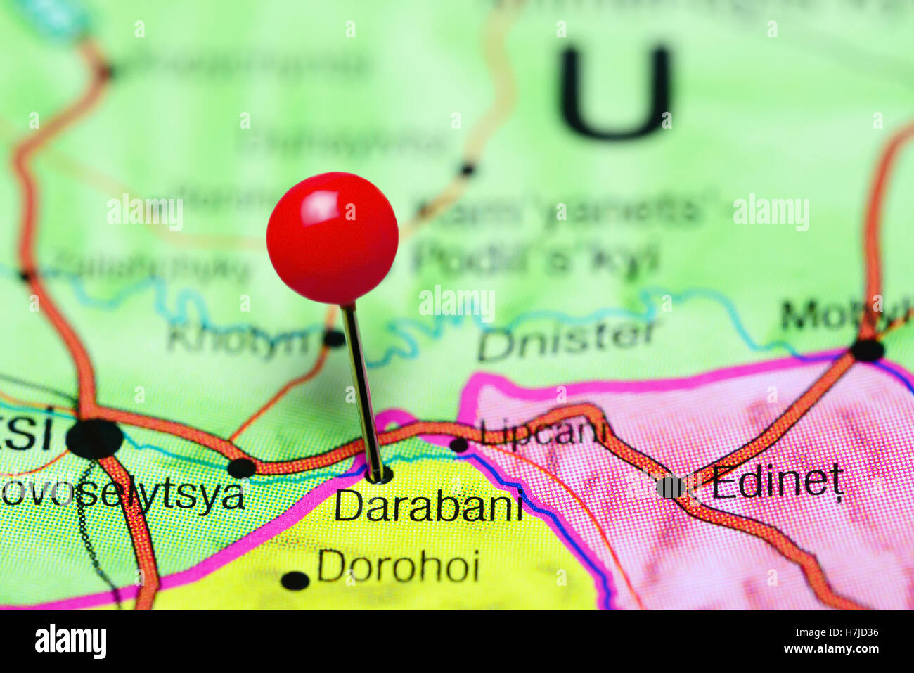 Darabani pinned on a map of Romania Stock Photo