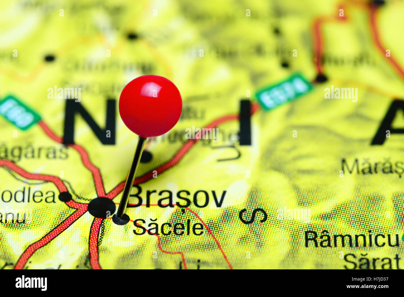 Sacele pinned on a map of Romania Stock Photo