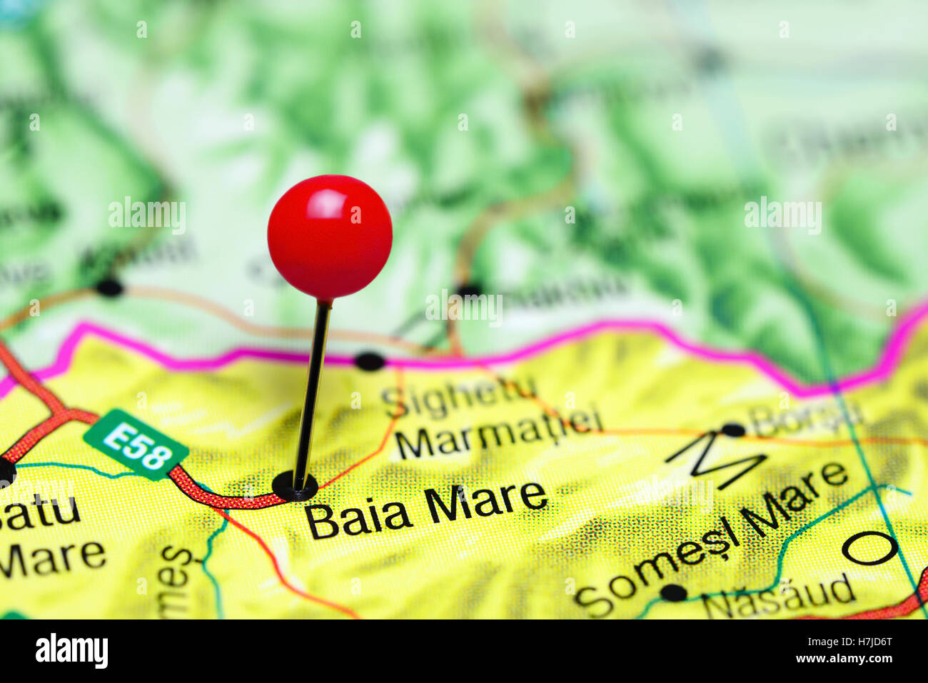Baia Mare pinned on a map of Romania Stock Photo