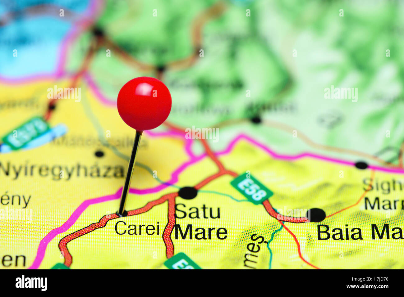 Carei pinned on a map of Romania Stock Photo