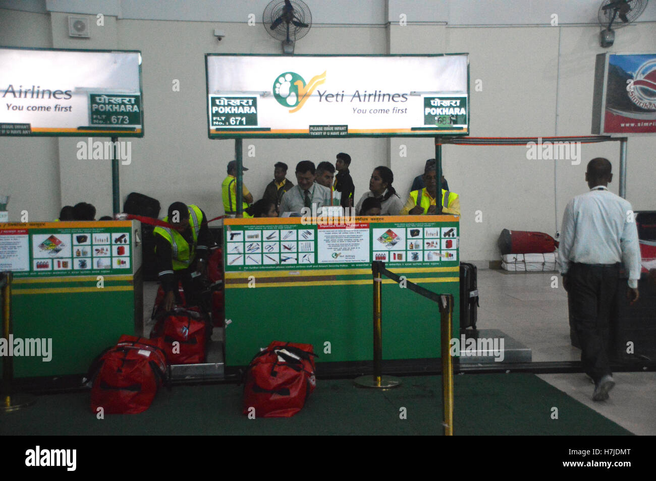 Checking in Desk for Yeti Airlines at the Domestic Terminal at Kathmandu Tribhuvan Airport, Nepal, Asia. Stock Photo