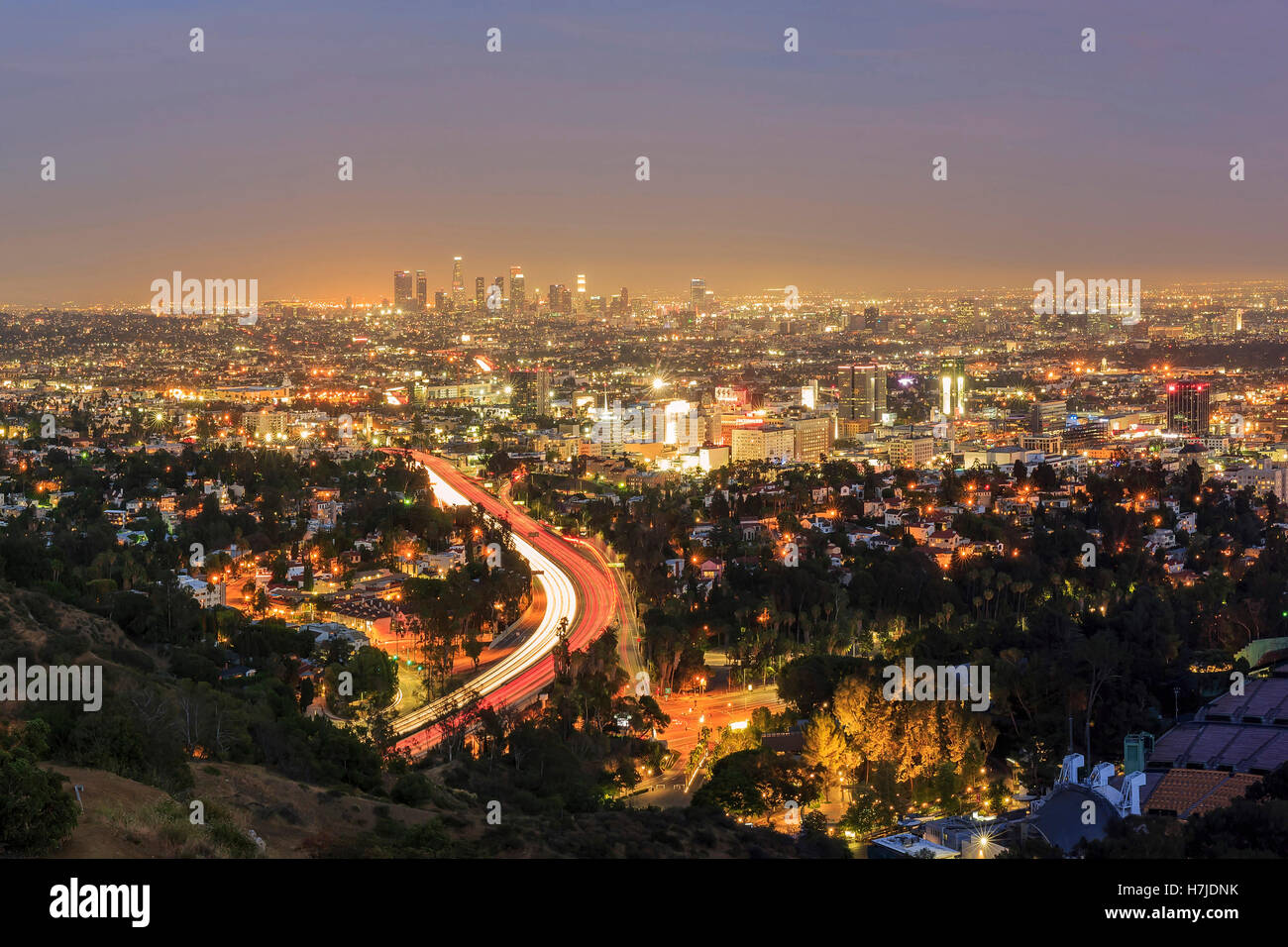 Los Angeles downtown view from top, aerial view at night Stock Photo ...