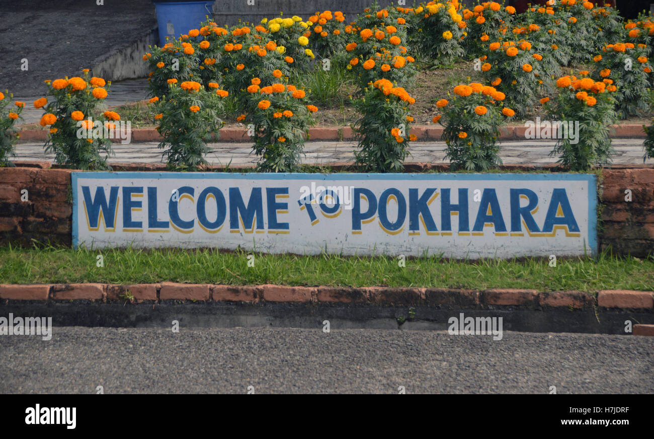 Welcome Sign to Pokhara from Airport Arrivals, Nepal, Asia Stock Photo