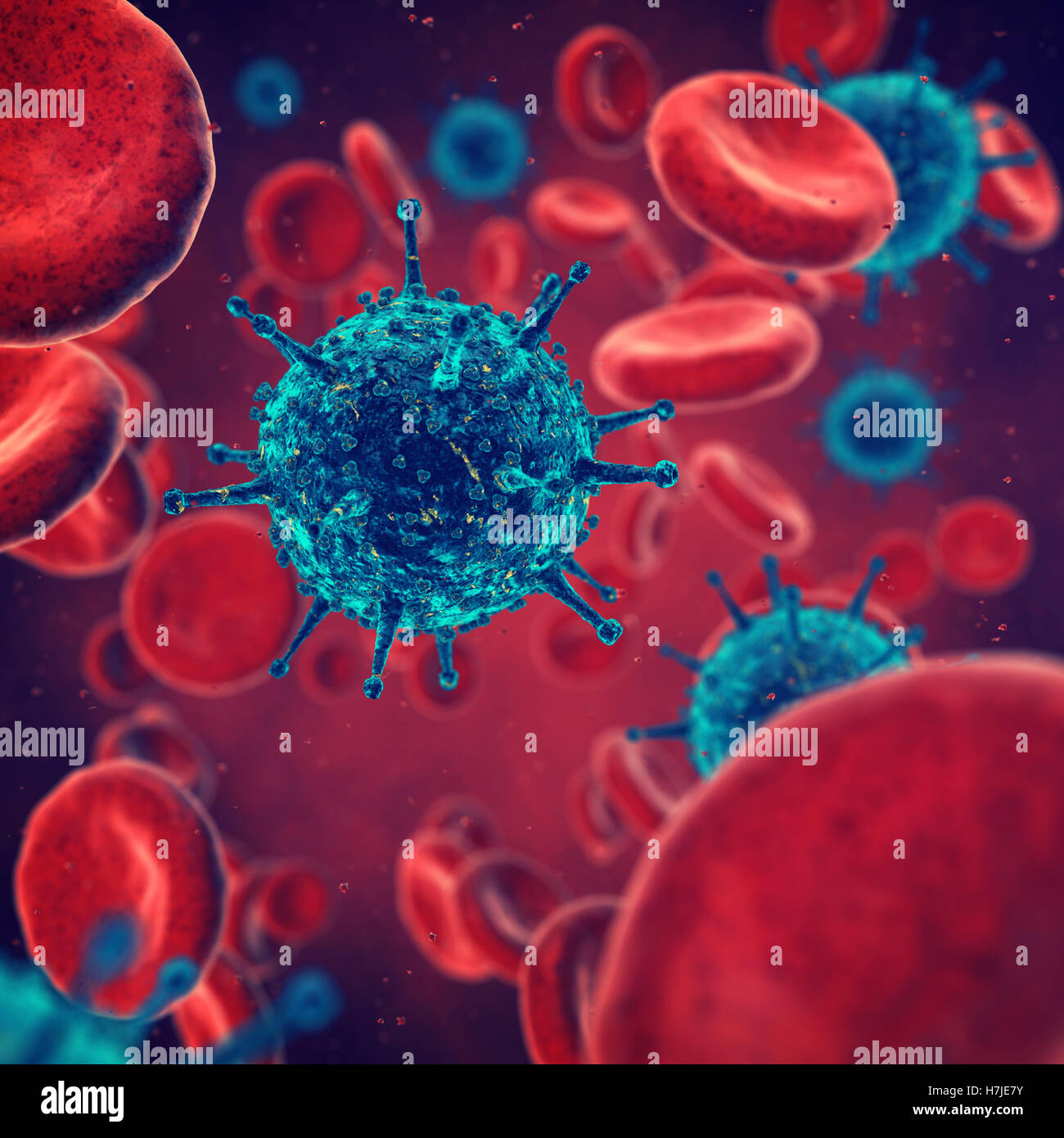 Viruses and red blood cells , contaminated blood , Disease Stock Photo