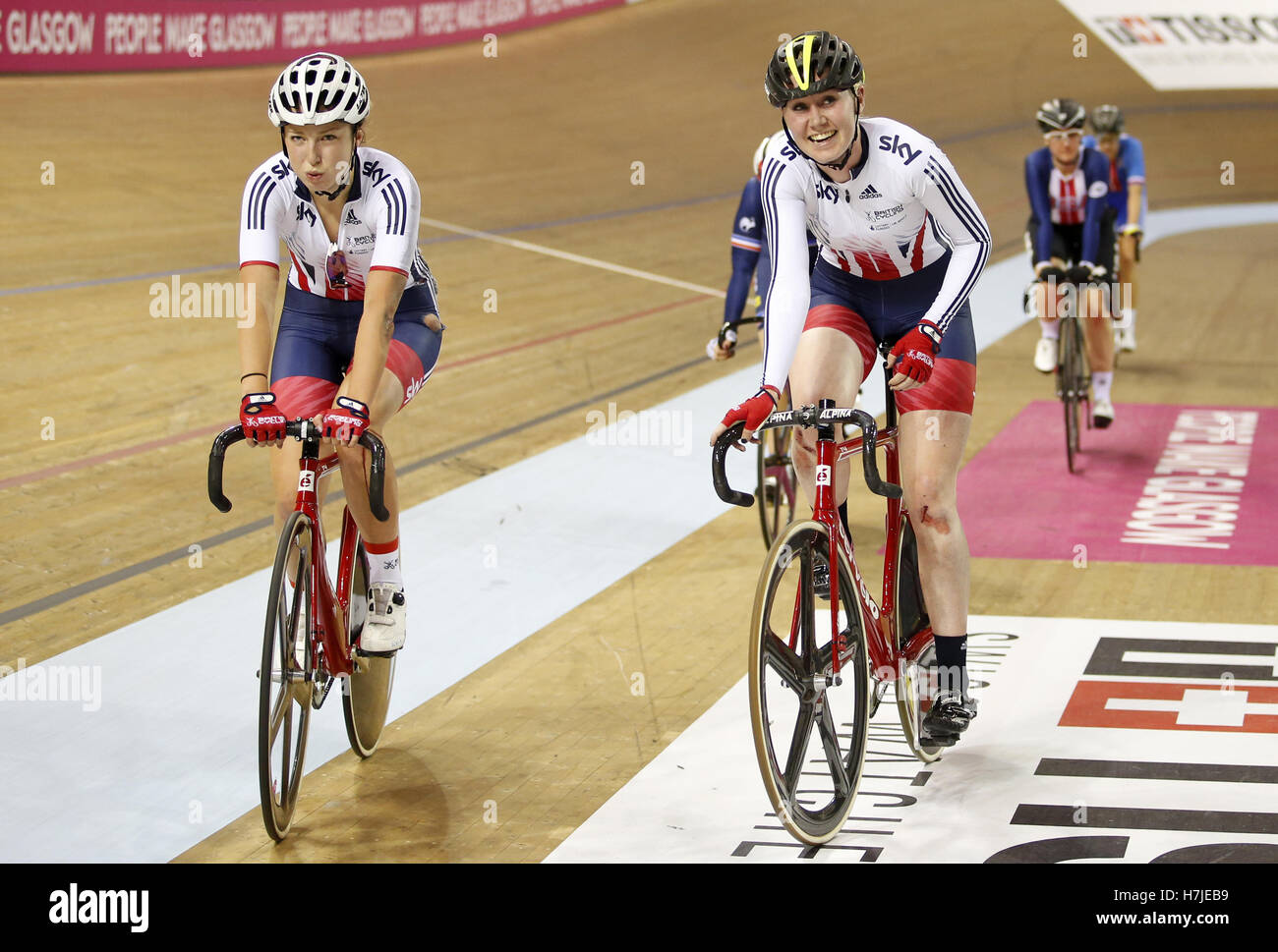 Great Britain's (from left) Manon Lloyd and Katie Archibald celebrate winning the Women's Madison during day two of the UCI Track Cycling World Cup at the Sir Chris Hoy Velodrome, Glasgow. Stock Photo