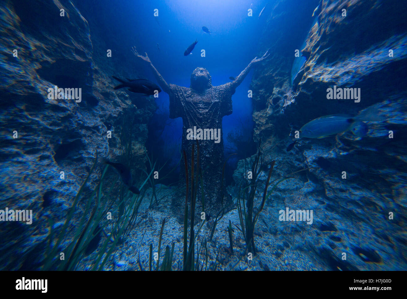 Malta National Aquarium, QawraBuggiba. Underwater Christ statue Stock Photo Alamy