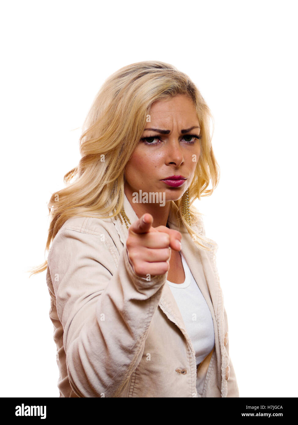 A image of a amd woman pointing her finger at the camera. Stock Photo