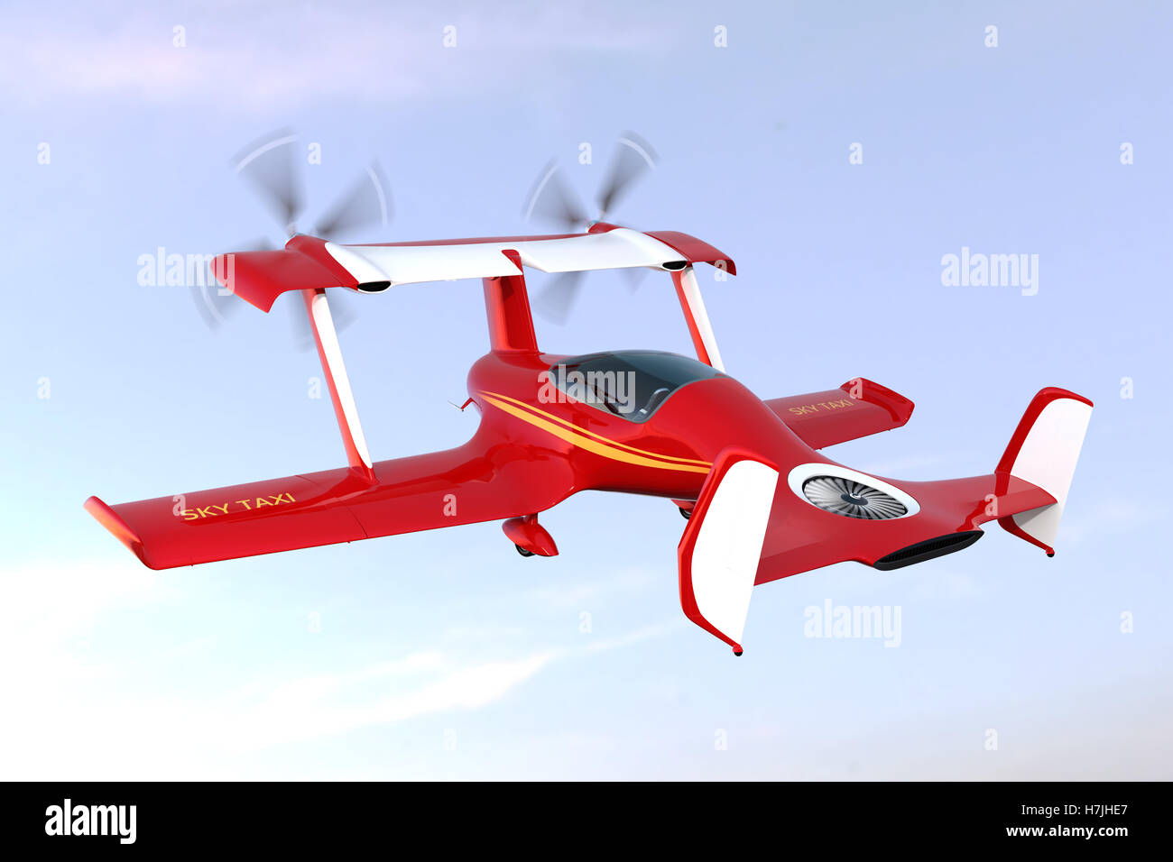 Autonomous flying drone taxi concept. 3D rendering image. Stock Photo