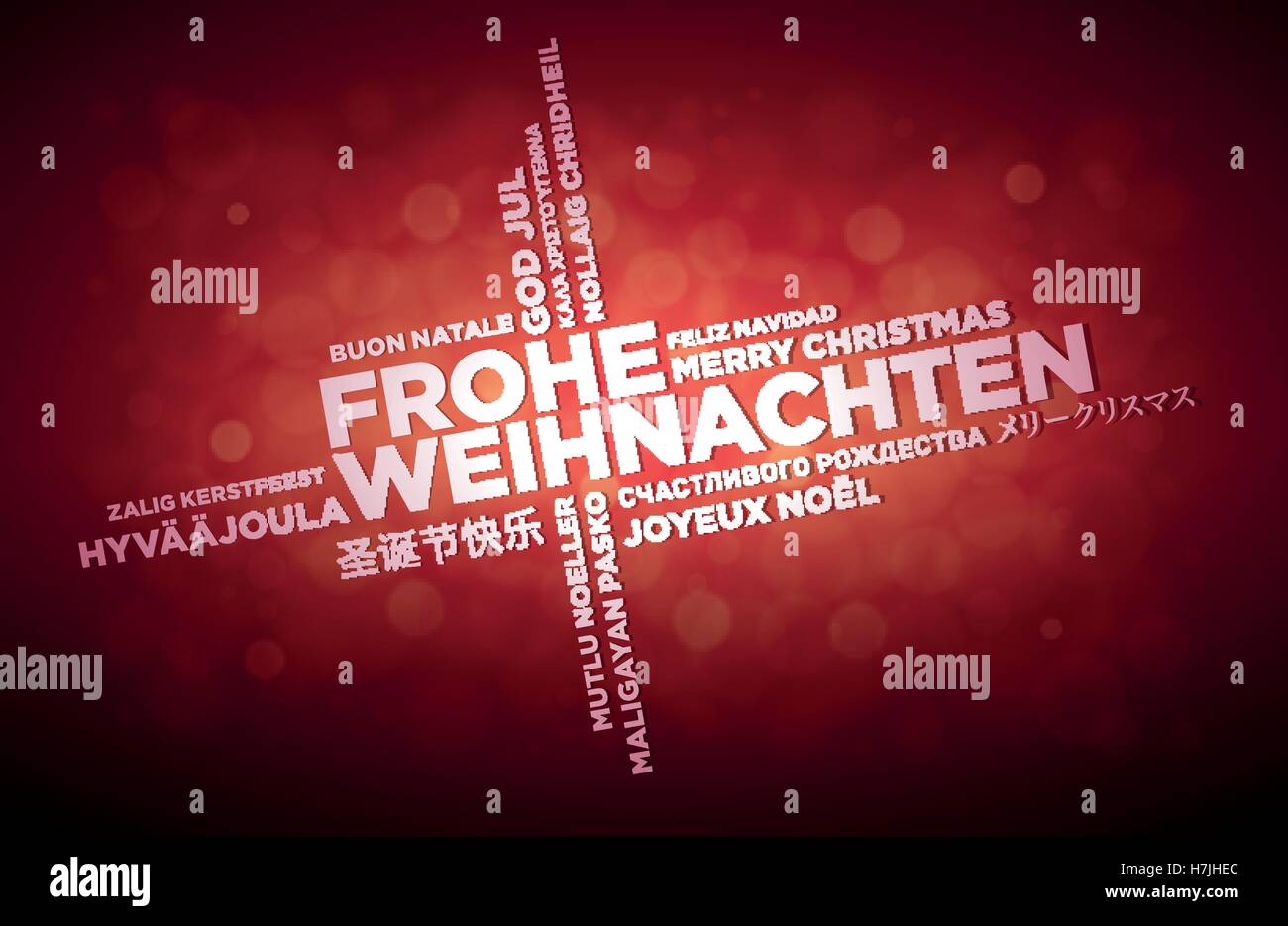 Multi language Merry Christmas typographic design.  German text is in the middle of the page. Word Cloud in different languages. Stock Vector