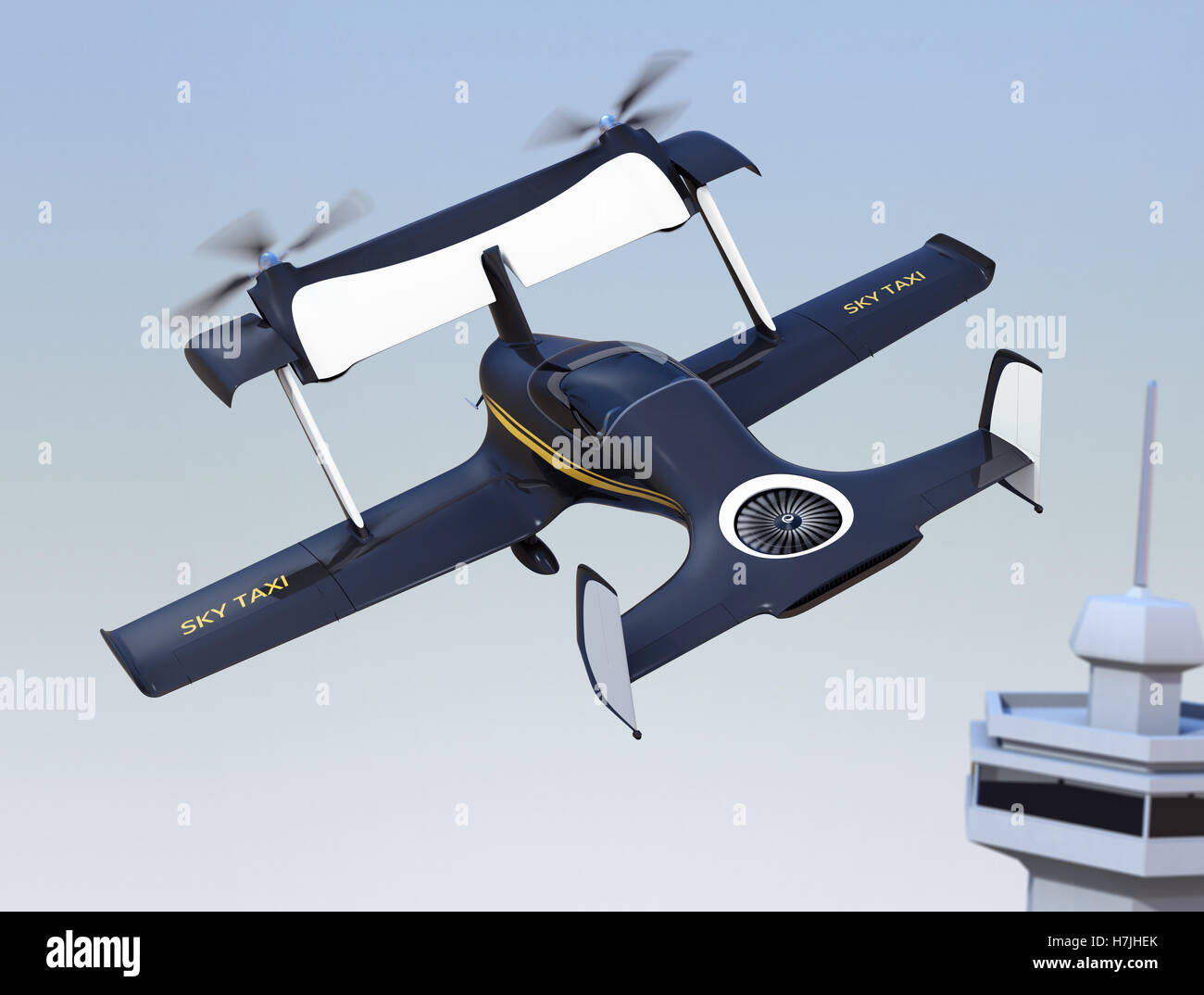 Autonomous flying drone taxi concept. 3D rendering image Stock Photo