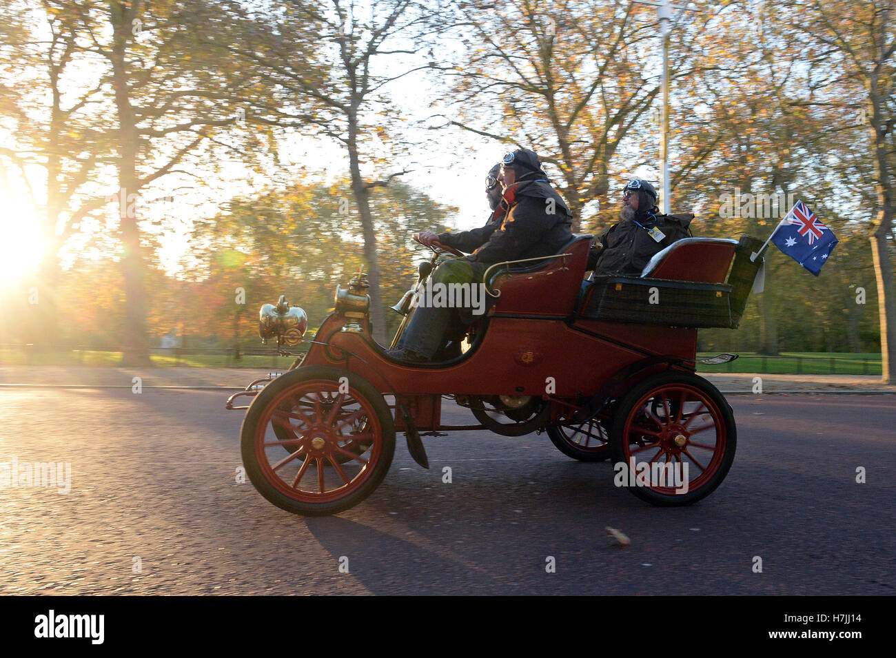 Participants in the Bonhams London to Brighton Veteran Car Run pass along The Mall in central London. Stock Photo