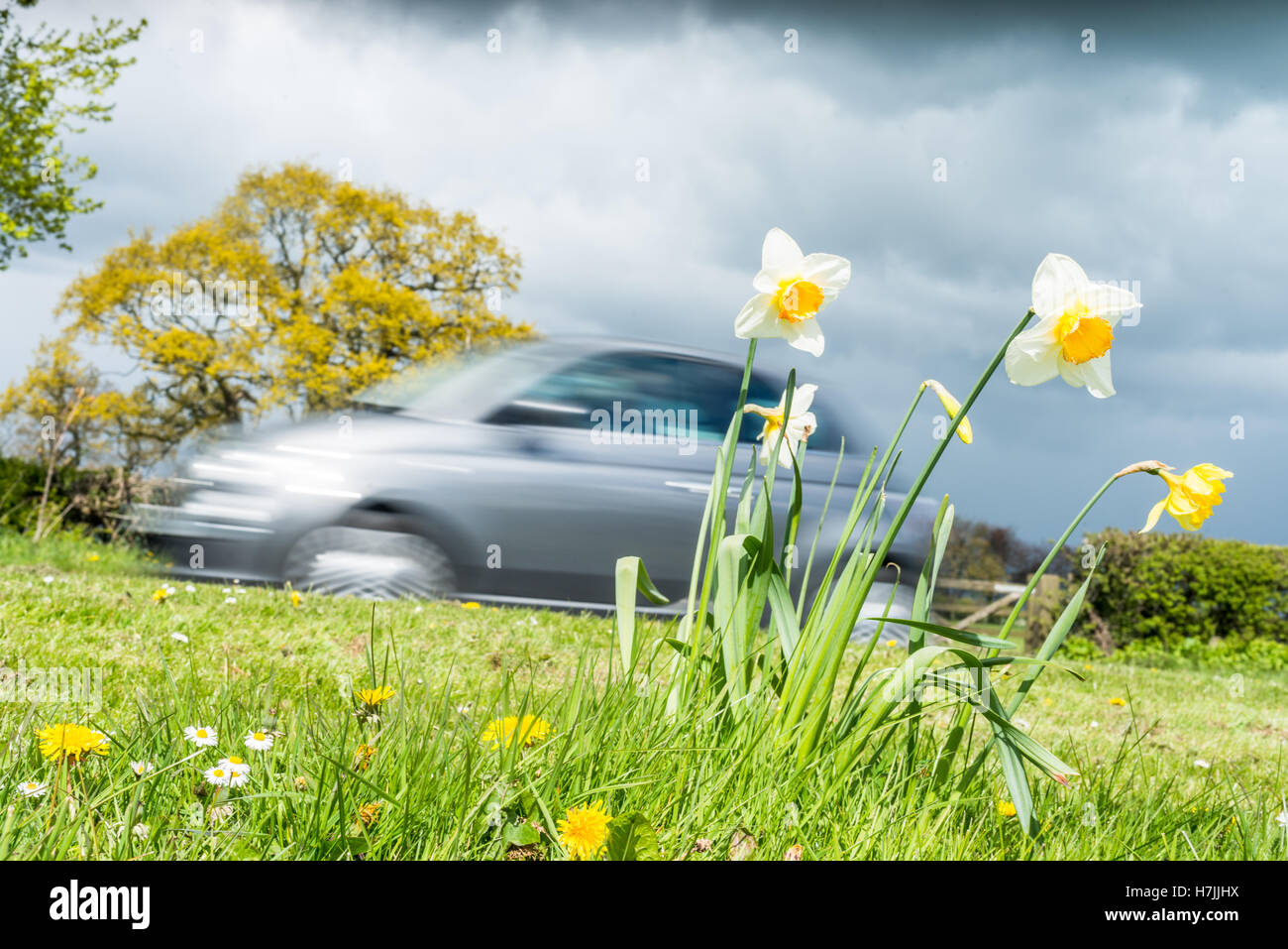 A speeding car in the English countryside Stock Photo