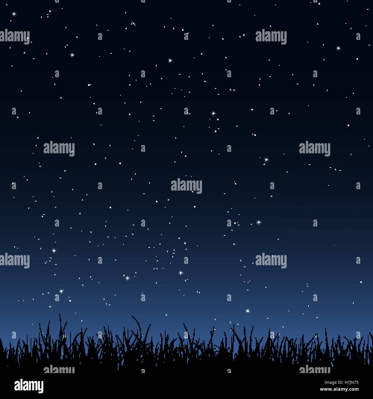 Horizontal seamless vector image. Black silhouette of grass under the night sky with a lot of stars and galaxies. Stock Vector