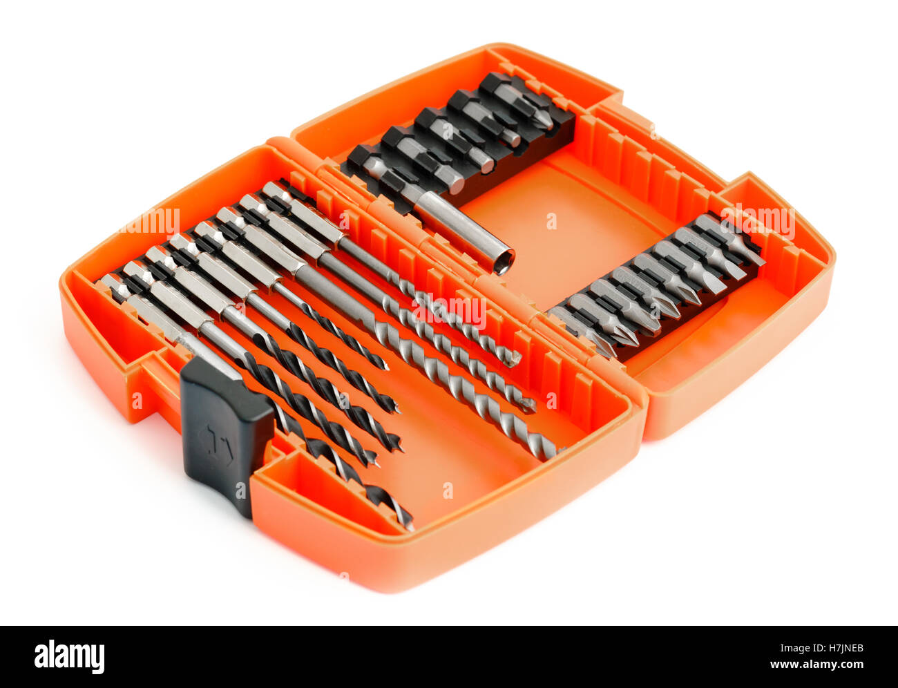 Drill bit set in box isolated on white background Stock Photo Alamy