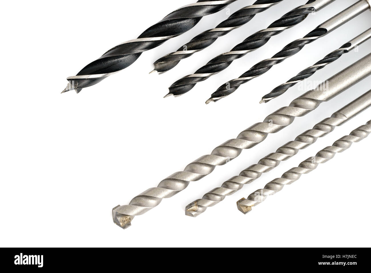 Drill bits for wood and concrete of different sizes isolated Stock