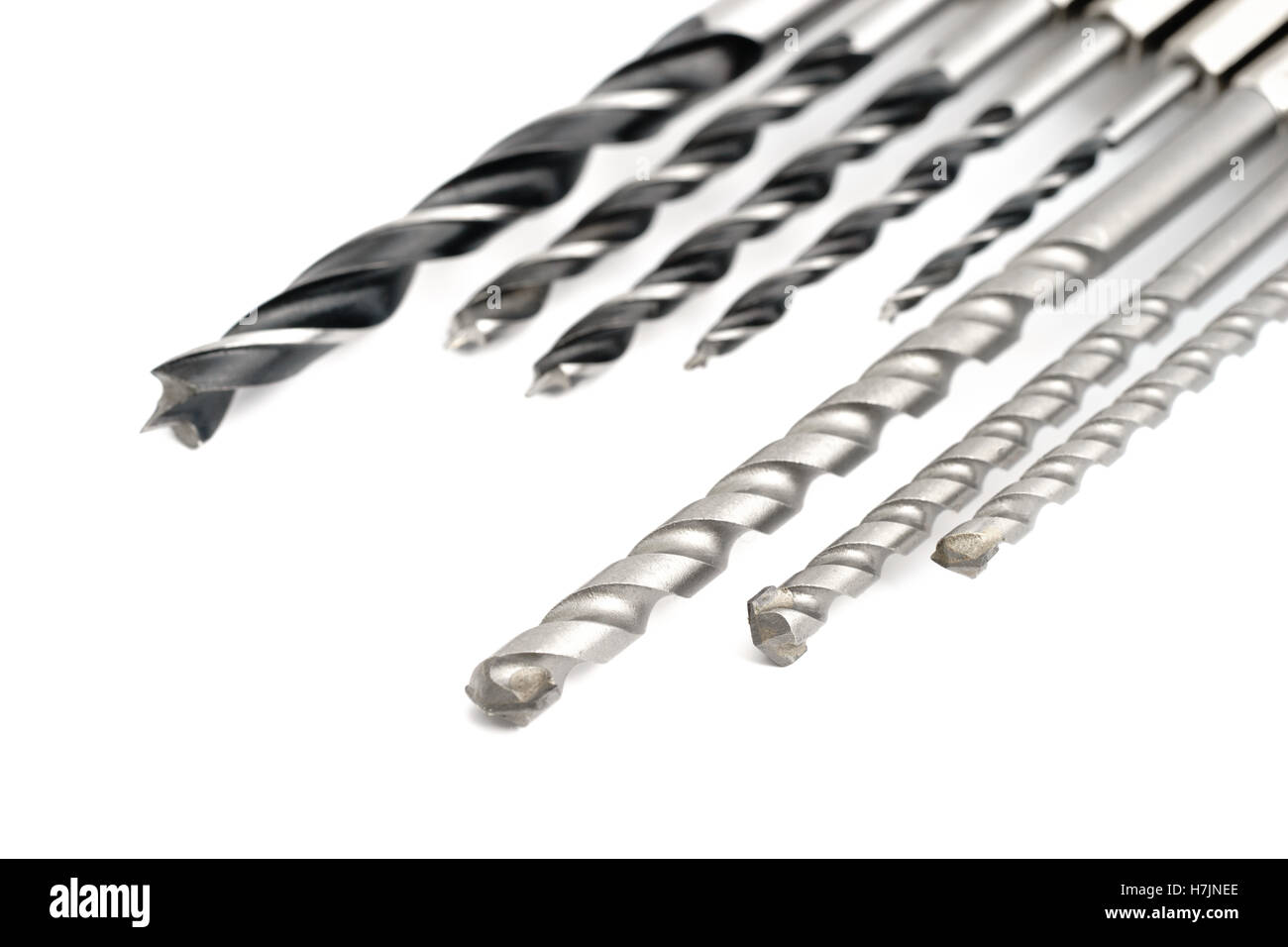 Drill bits for wood and concrete of different sizes isolated Stock