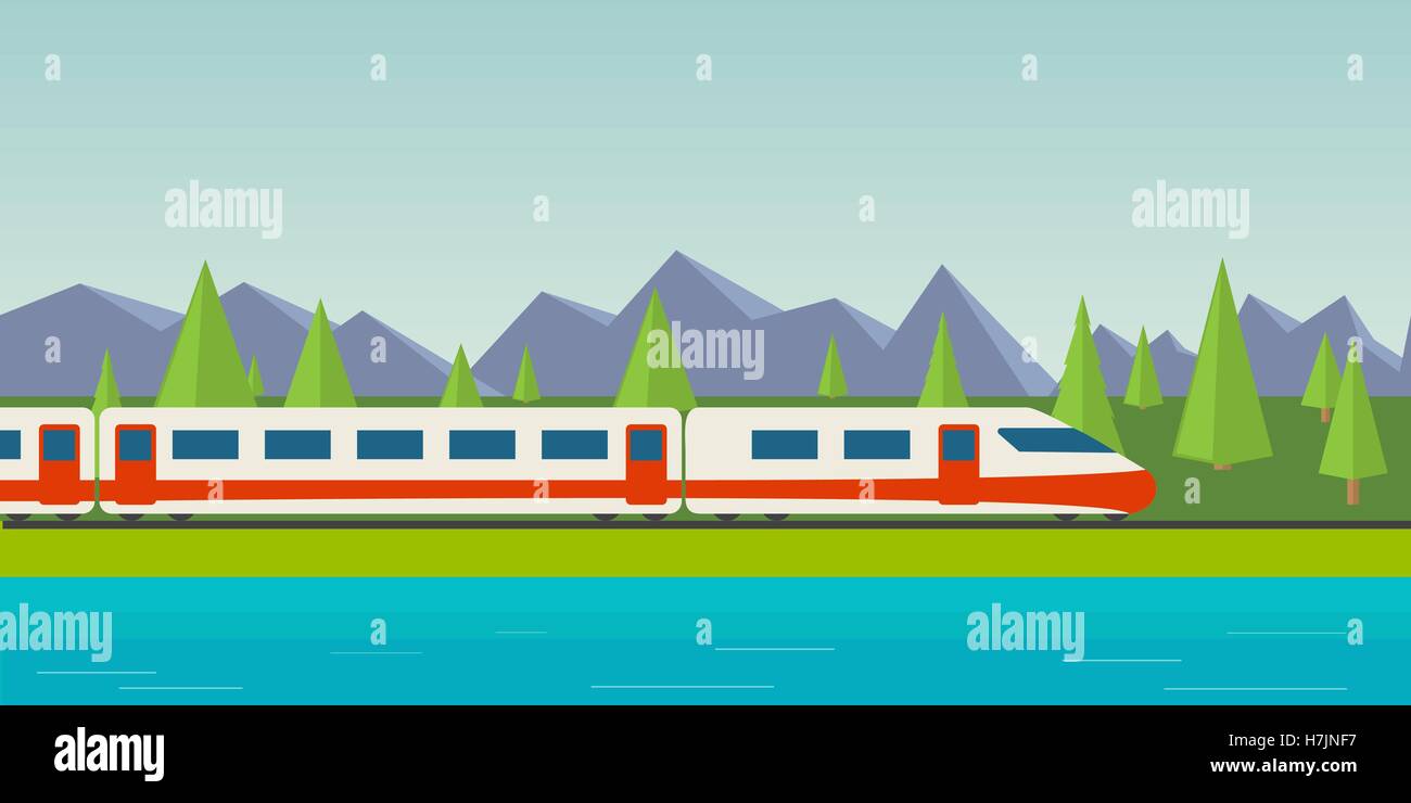 Speed train. Lake, pine and fir forest, and mountains. Stock Vector
