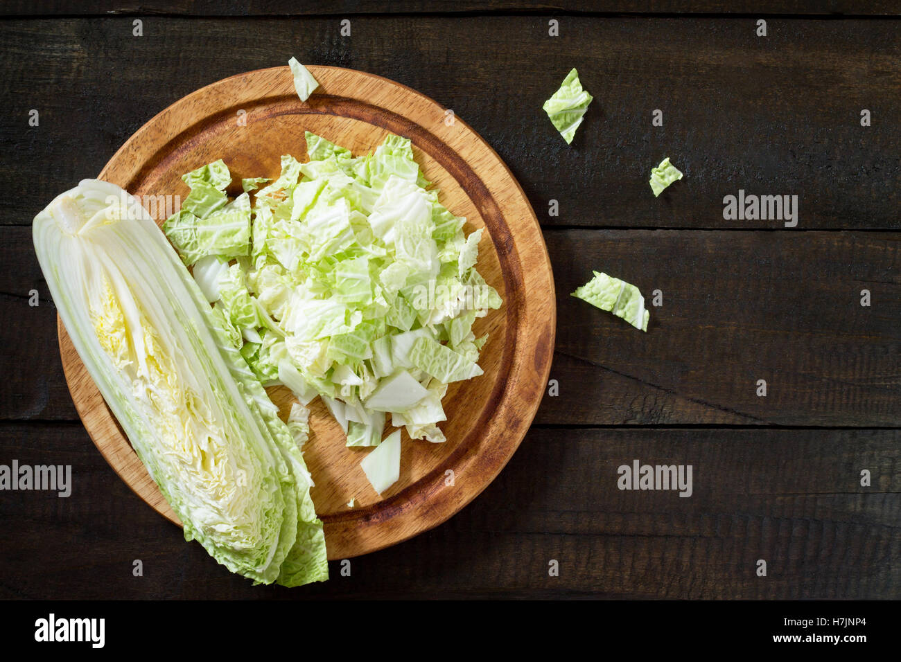 Fresh celery cabbage on a vintage wooden fone.Vid top, copy space Stock