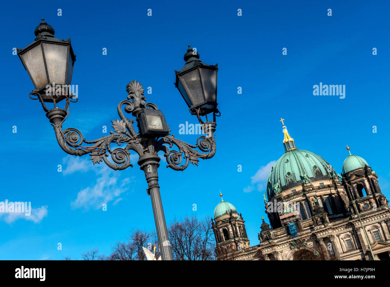 The Berliner Dom Cathedral, TV Tower and lamppost in the Mitte district of Berlin Stock Photo