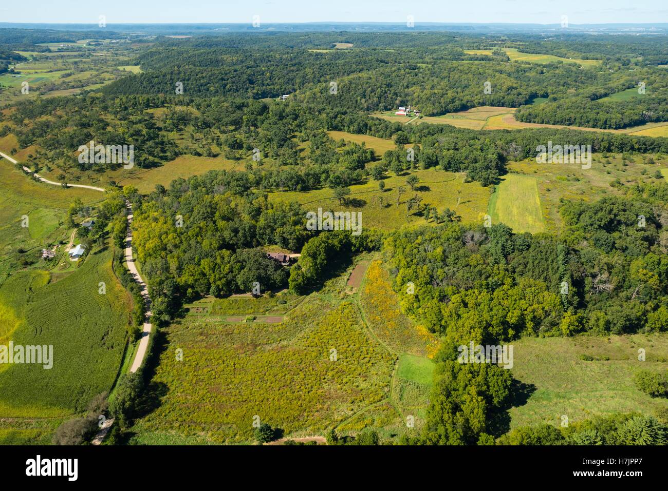 Aerial view of rural Dane County, Wisconsin. Specifically, the Pleasant