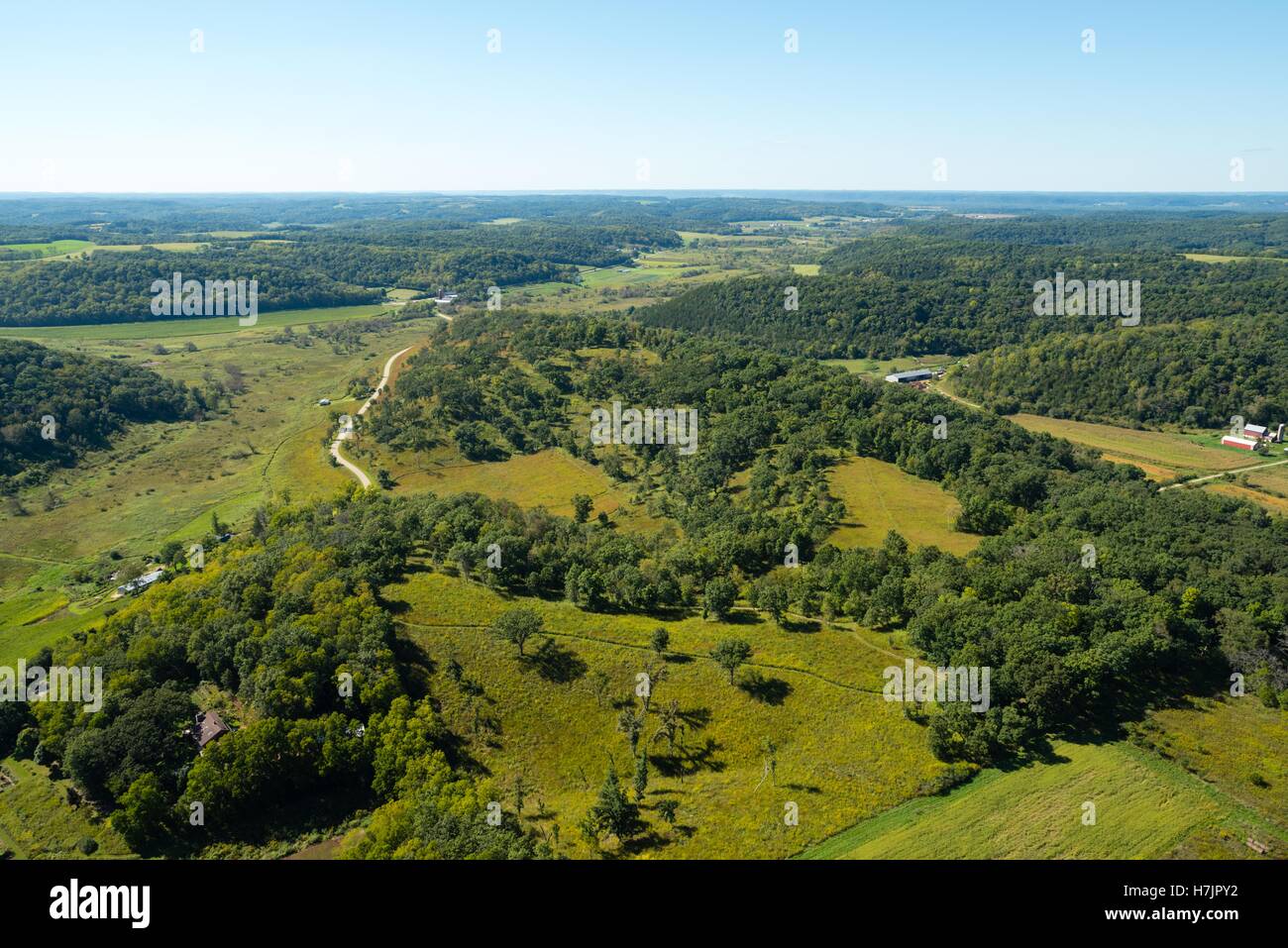 Aerial view of rural Dane County, Wisconsin. Specifically, the Pleasant