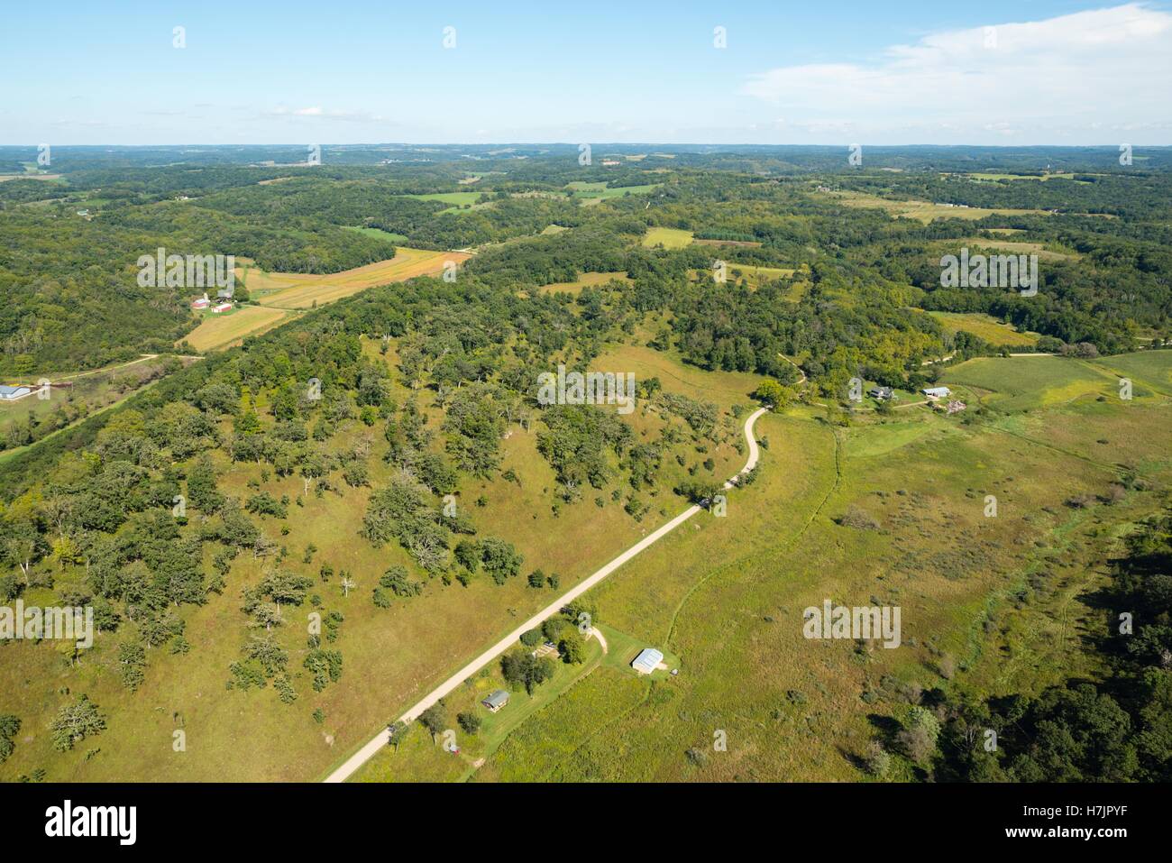 Aerial view of rural Dane County, Wisconsin. Specifically, the Pleasant