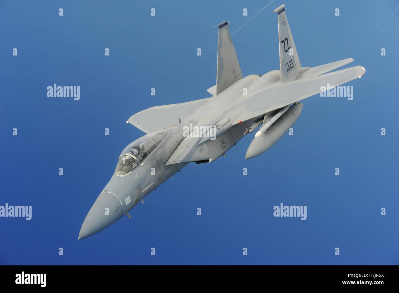 An F-15 Eagle fighter aircraft in flight during exercise Valiant Shield September 19, 2014 over Yigo, Guam. Stock Photo