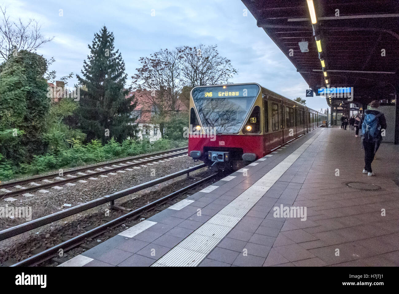 S-Bahn trains at a suburban railway station on the edge of Berlin Stock Photo