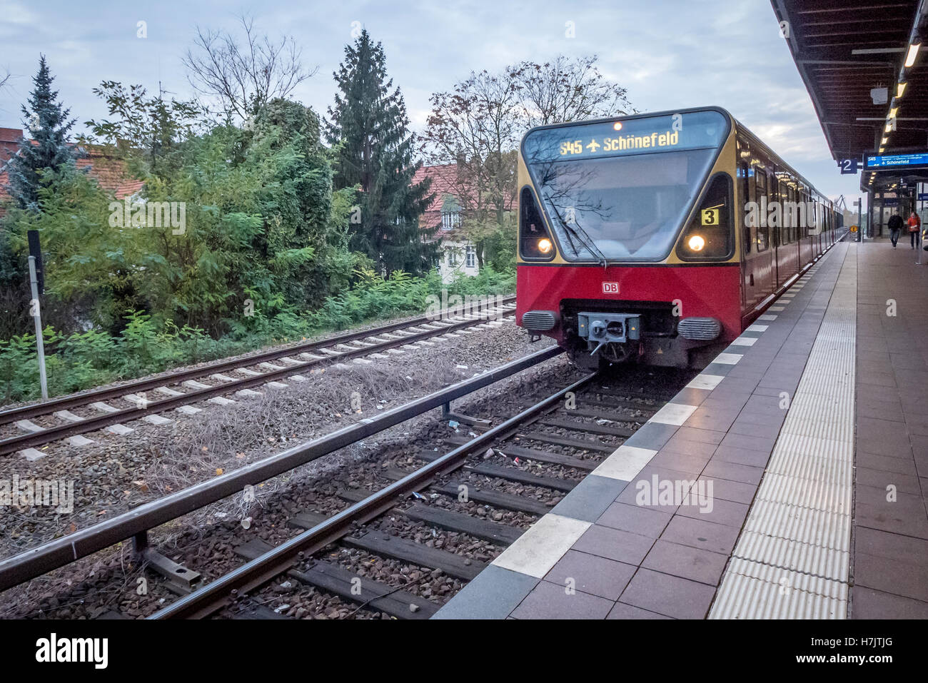 S-Bahn trains at a suburban railway station on the edge of Berlin Stock Photo