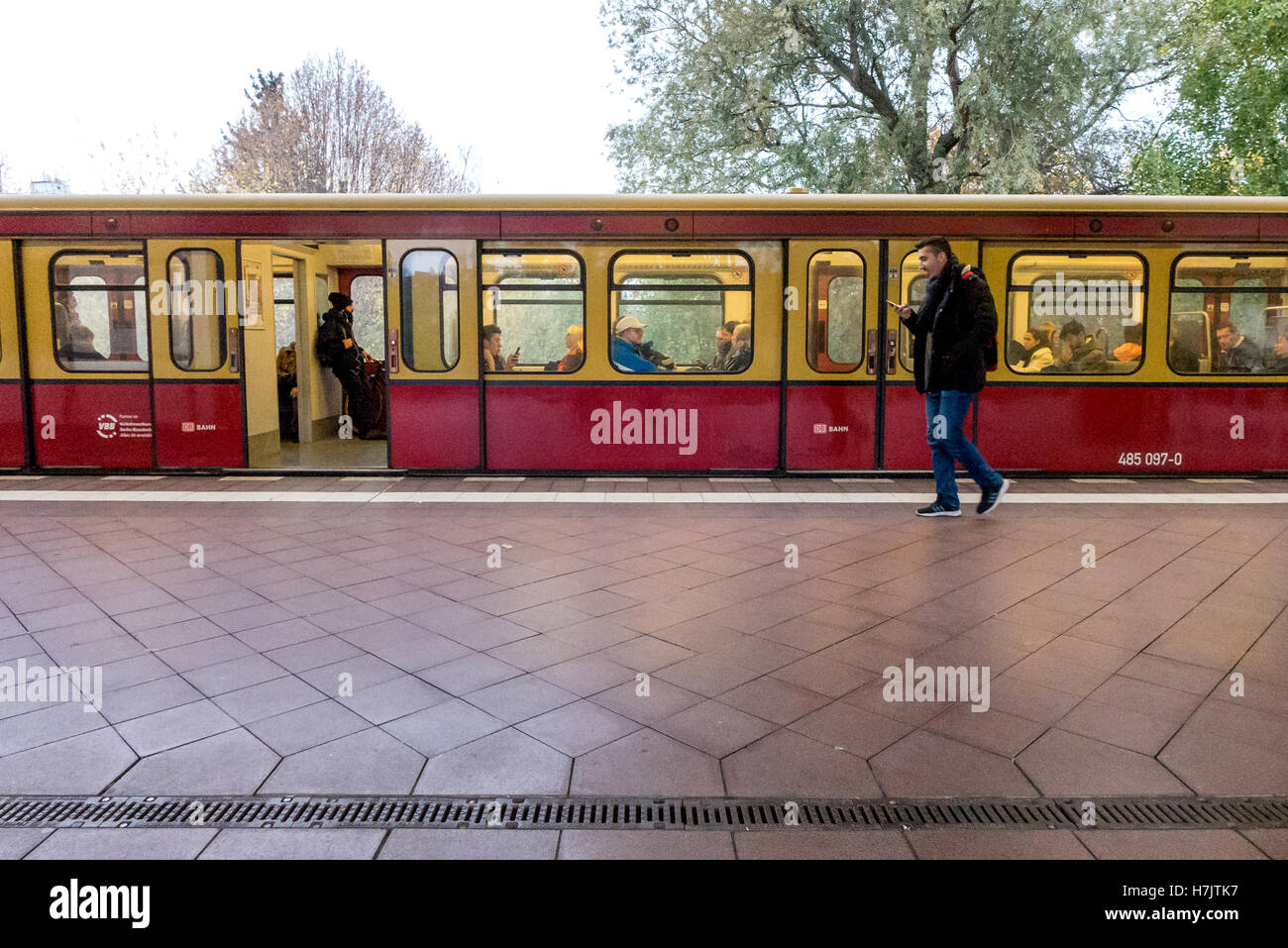 S-Bahn trains at a suburban railway station on the edge of Berlin Stock Photo