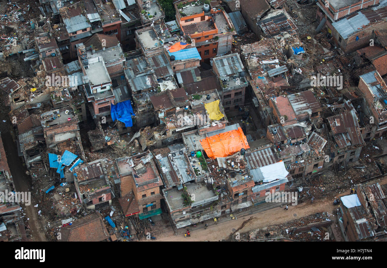 An aerial view of villages affected by the 2015 earthquake May 10, 2015 in the Sindhuli District, Nepal. Stock Photo