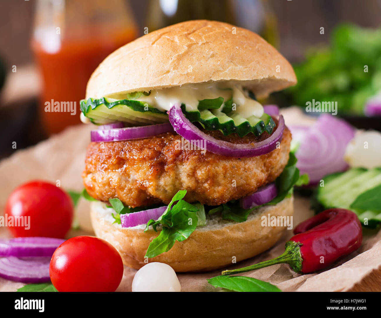 Juicy spicy chicken burgers to Asianstyle sandwich Stock Photo Alamy