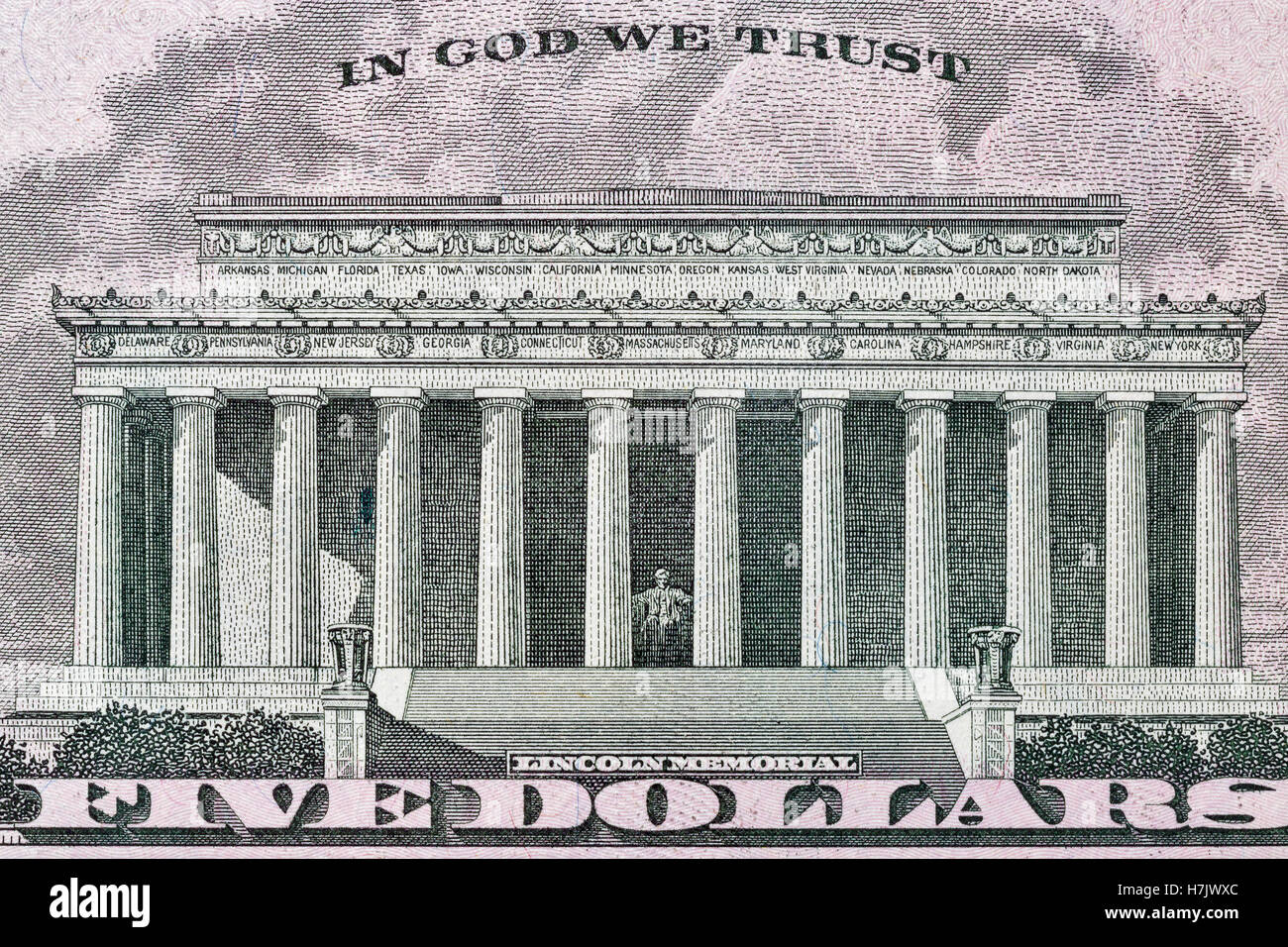 Lincoln memorial on back of five dollar bill closeup macro Stock Photo
