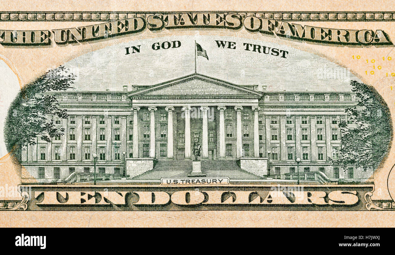 US Treasury on back of ten dollar bill closeup macro Stock Photo
