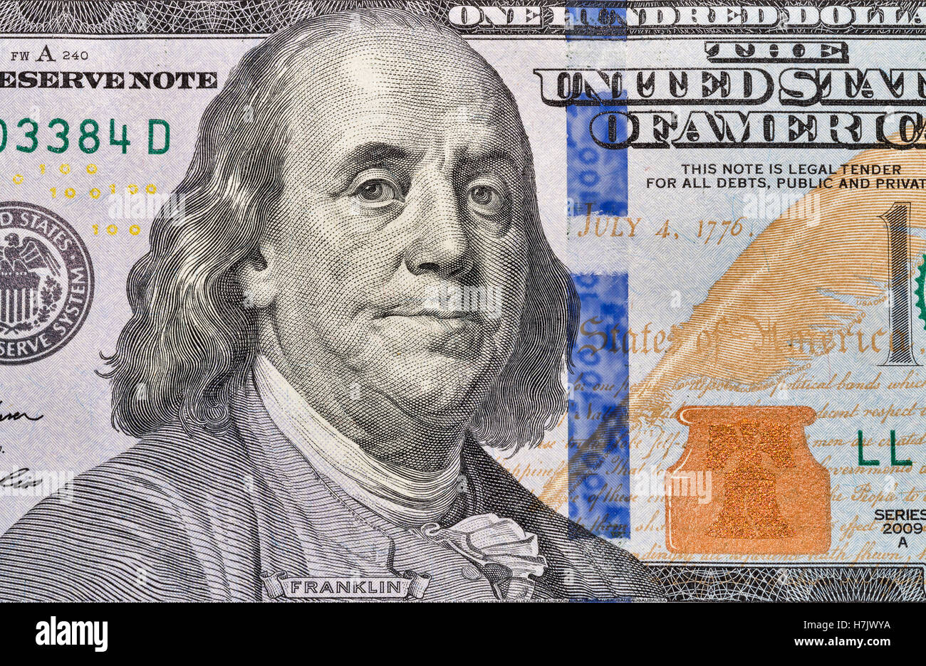 US President Benjamin Franklin portrait on one hundred dollar bill fragment macro Stock Photo