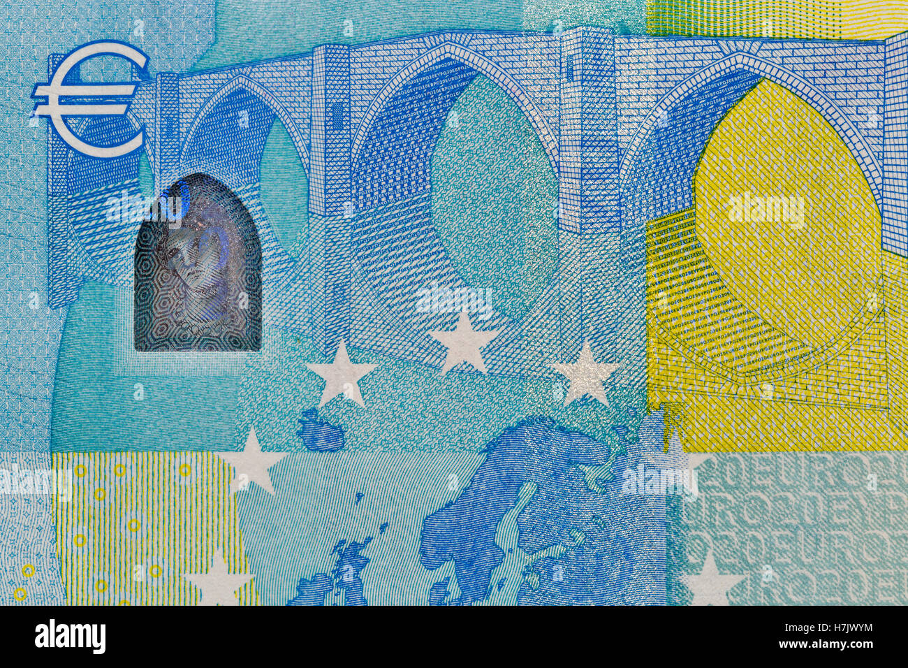 twenty Euro banknote fragment macro, back side Stock Photo