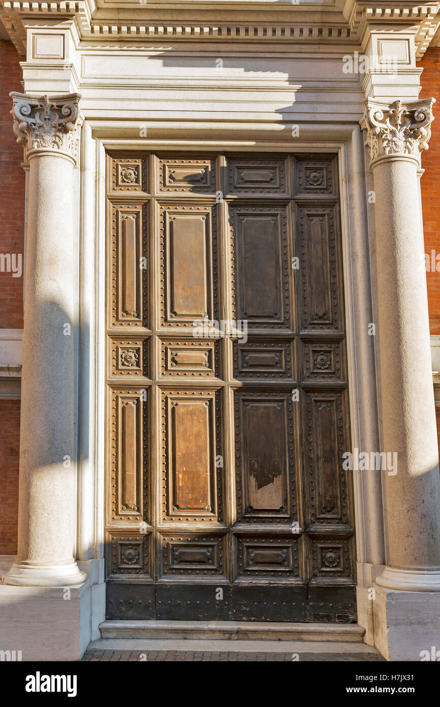 Ancient door of the Church of Servants also known as the Church of St. Mary in Court. It is a Baroque style Roman Catholic churc Stock Photo