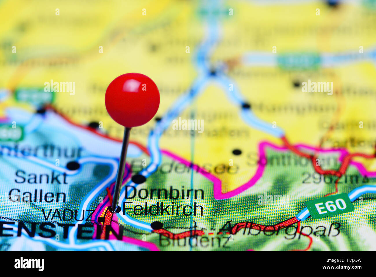 Feldkirch pinned on a map of Austria Stock Photo