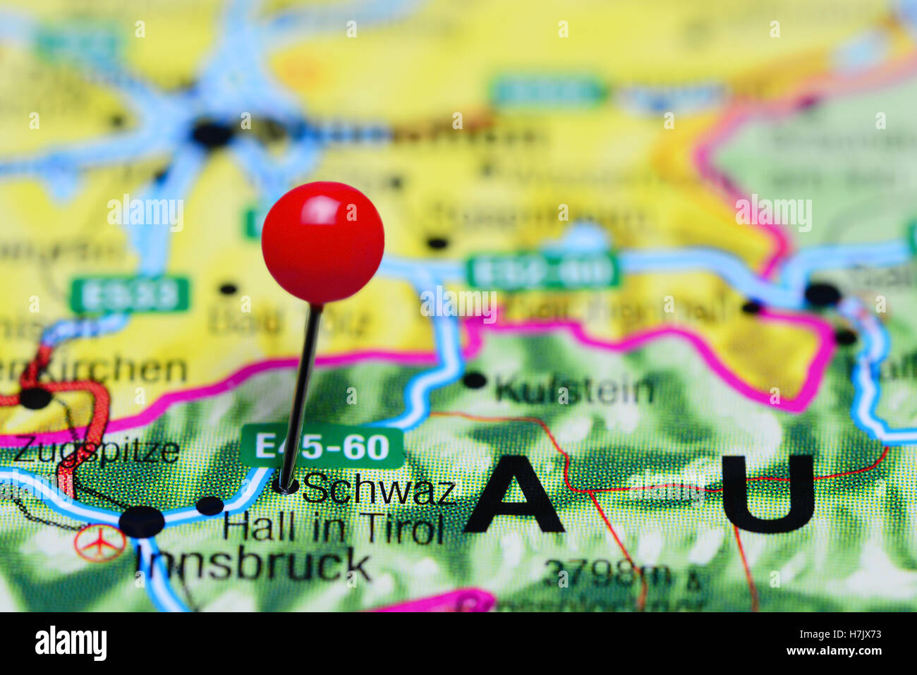 Schwaz pinned on a map of Austria Stock Photo